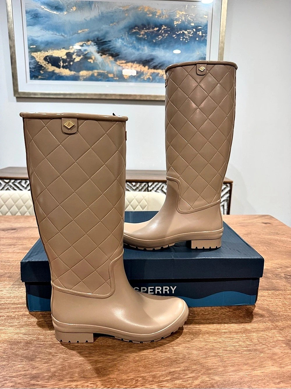 Sperry Drizzle Tall Quilted Rain Boot Taupe-Size 5W BNIB